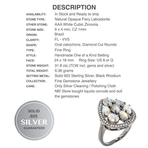 Natural Unheated Labradorite and White CZ  set in Solid .925 Sterling Silver Ring Size US 8 / Q