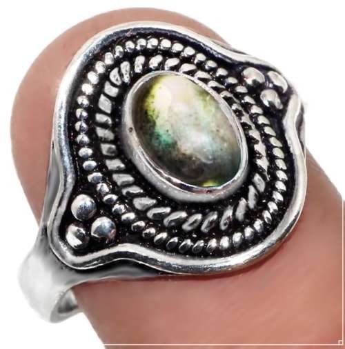 Natural Fiery Labradorite Oval Gemstone in 925 Sterling Silver Plated Antique Ring Size US 9 / R 1/2