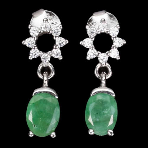 Natural Unheated Brazilian Emerald White CZ Solid .925 Sterling Silver 14k White Gold Earrings