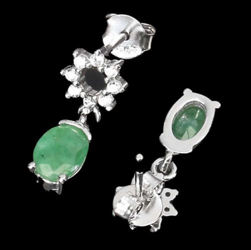 Natural Unheated Brazilian Emerald White CZ Solid .925 Sterling Silver 14k White Gold Earrings