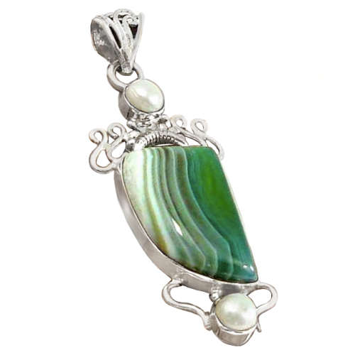 Natural Botswana Lace Agate and White Pearl Gemstone set in Solid .925 Sterling Silver Pendant