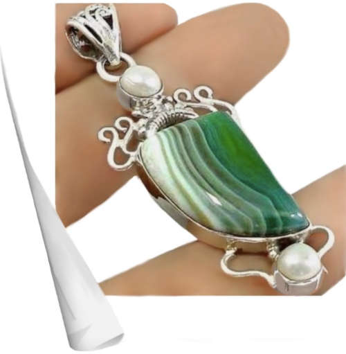 Natural Botswana Lace Agate and White Pearl Gemstone set in Solid .925 Sterling Silver Pendant