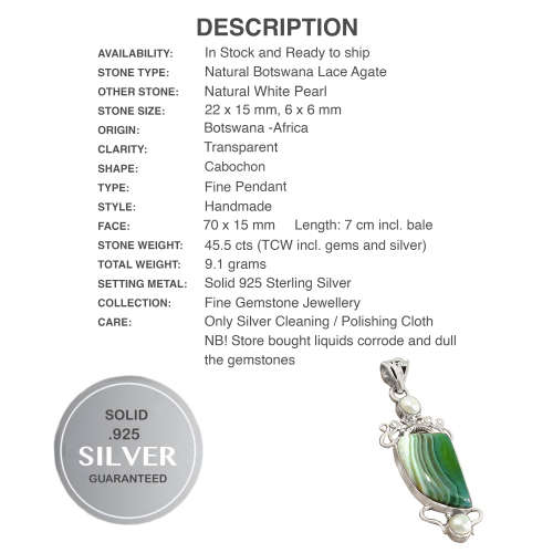 Natural Botswana Lace Agate and White Pearl Gemstone set in Solid .925 Sterling Silver Pendant