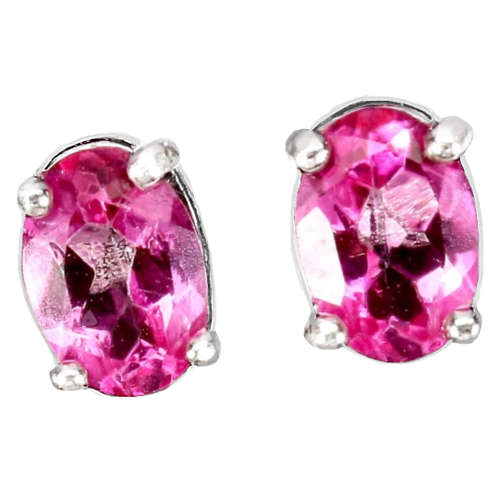 Natural Pink Topaz Oval Gemstone Solid .925 Sterling Silver 14K White Gold Stud Earrings