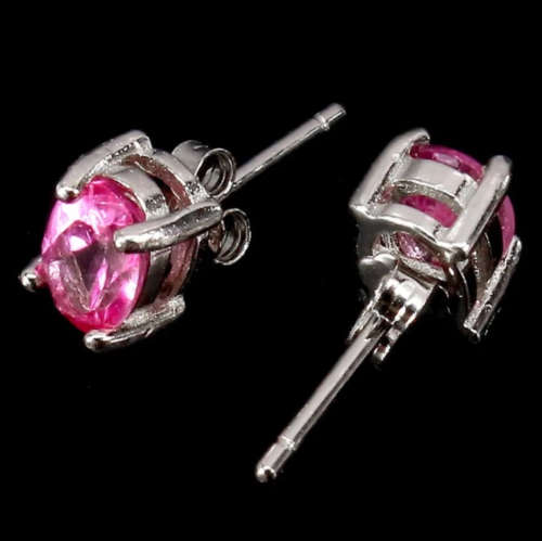 Natural Pink Topaz Oval Gemstone Solid .925 Sterling Silver 14K White Gold Stud Earrings