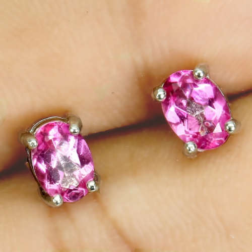 Natural Pink Topaz Oval Gemstone Solid .925 Sterling Silver 14K White Gold Stud Earrings