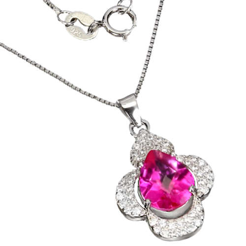 Natural Pink Topaz White Cubic Zirconia Solid .925 Sterling Silver 14K White Gold Necklace