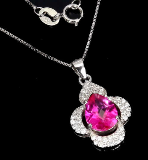 Natural Pink Topaz White Cubic Zirconia Solid .925 Sterling Silver 14K White Gold Necklace