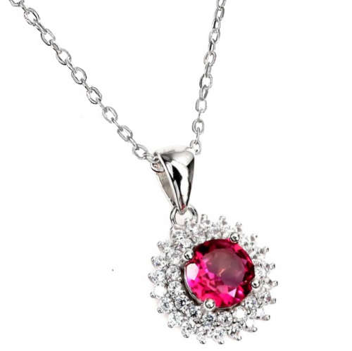 Natural Pink Topaz and White Cubic Zirconia in Solid .925 Sterling Silver 14K White Gold Necklace