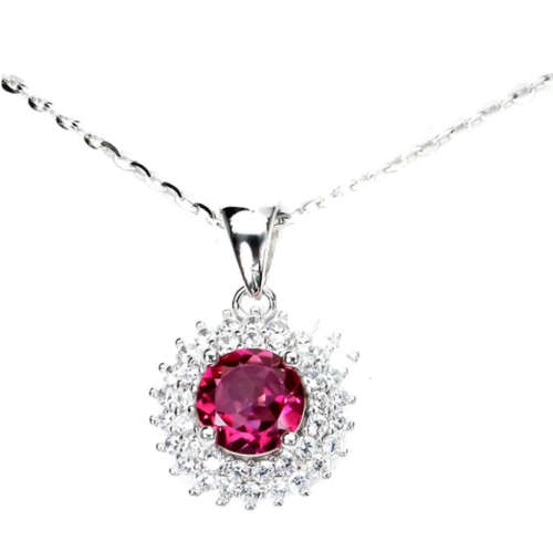 Natural Pink Topaz and White Cubic Zirconia in Solid .925 Sterling Silver 14K White Gold Necklace