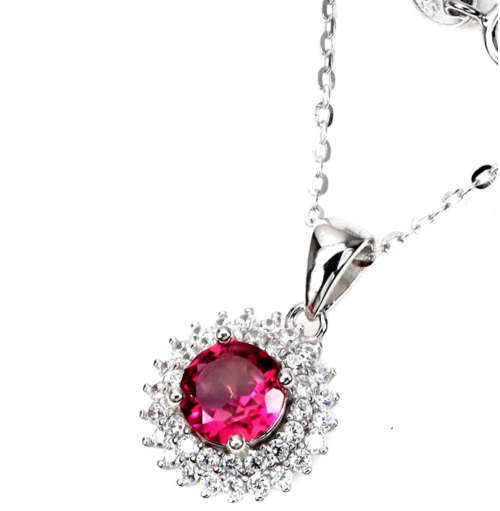 Natural Pink Topaz and White Cubic Zirconia in Solid .925 Sterling Silver 14K White Gold Necklace
