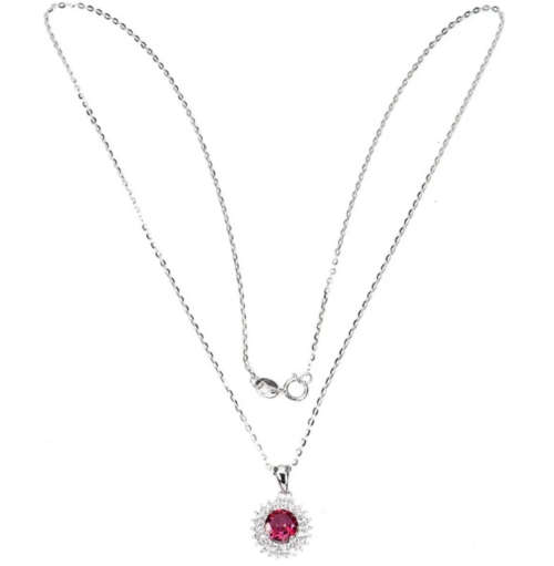Natural Pink Topaz and White Cubic Zirconia in Solid .925 Sterling Silver 14K White Gold Necklace