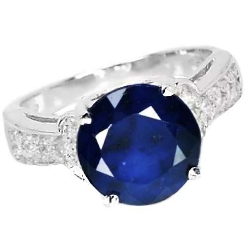 Deluxe Natural Blue Sapphire & White Cubic Zirconia in Solid 925 Silver 14K W/Gold Ring Size 6.5 /N
