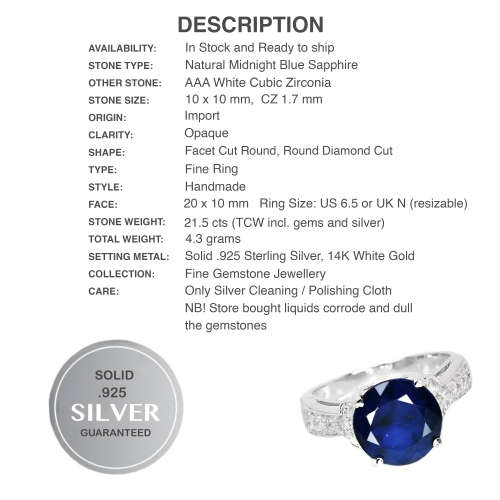 Deluxe Natural Blue Sapphire & White Cubic Zirconia in Solid 925 Silver 14K W/Gold Ring Size 6.5 /N
