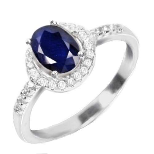 Deluxe Natural Blue Sapphire & White Cubic Zirconia in Solid 925 Silver 14K W/Gold Ring Size 6.75
