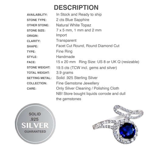 2CT Blue Sapphire and White Topaz  Solid .925 Sterling Silver Ring Size US 8 or Q