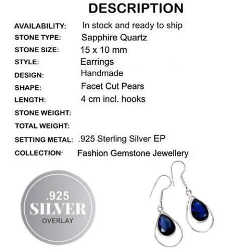 Handmade Faceted Blue Quartz Gemstone 925 Silver Earrings