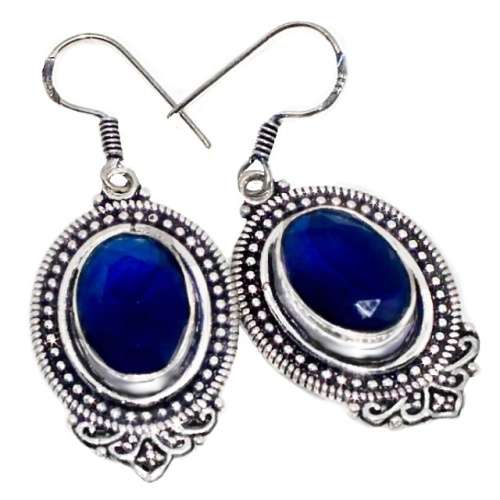 Handmade Sapphire Quartz Gemstone 925 Sterling Silver Plated Antique Style Earrings