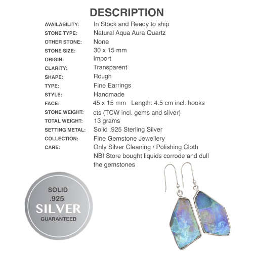 Natural Aqua Aura Quartz Gemstone set in Solid .925 Sterling Silver Earrings