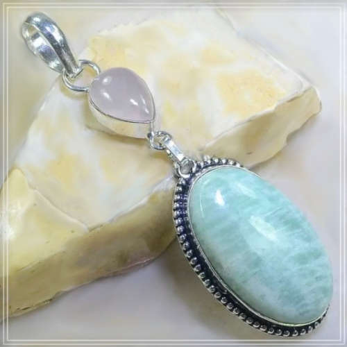 Natural Aquamarine and Rose Quartz Gemstone in 925 Sterling Silver Plated Handmade Pendant