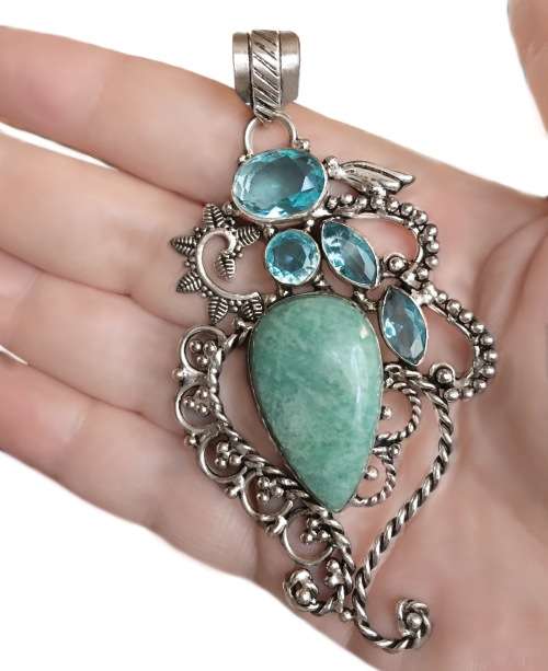 Natural Aquamarine & Blue Quartz Gemstone in 925 Sterling Silver Plated Antique Style Pendant