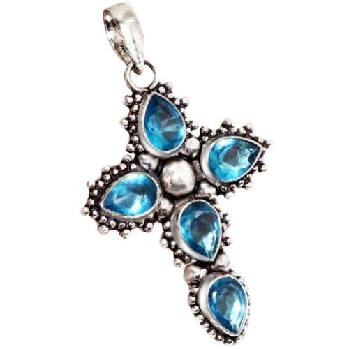 Handmade Blue Topaz Gemstone Pears .925 Sterling Silver Cross Pendant