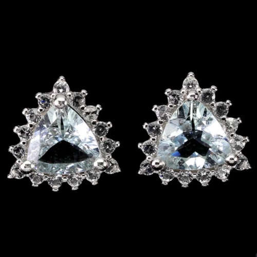 Natural Unheated Aquamarine Trilliant and White CZ Gemstone Solid .925 Sterling Silver Stud Earrings