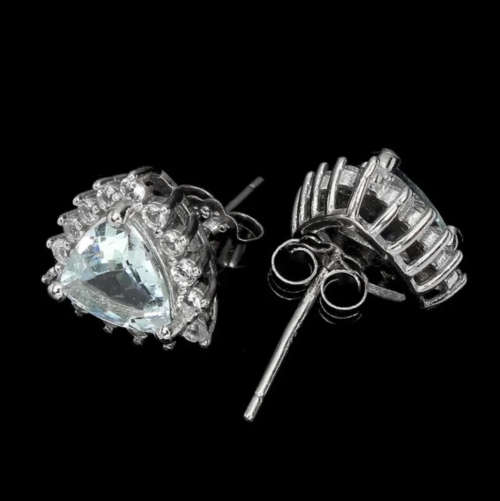 Natural Unheated Aquamarine Trilliant and White CZ Gemstone Solid .925 Sterling Silver Stud Earrings