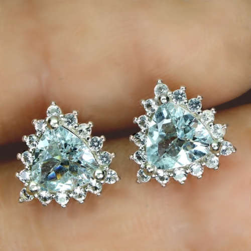 Natural Unheated Aquamarine Trilliant and White CZ Gemstone Solid .925 Sterling Silver Stud Earrings