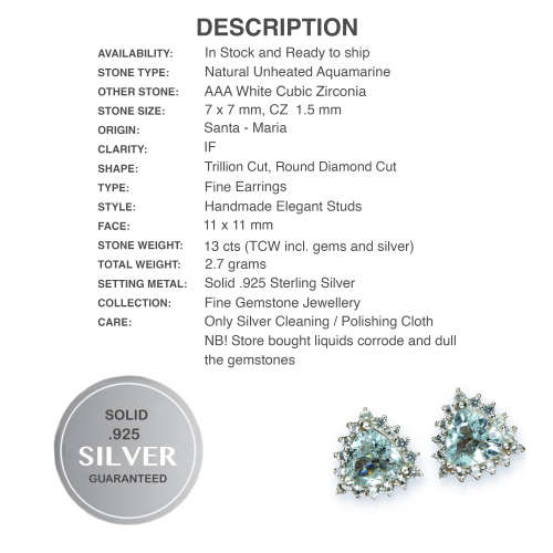 Natural Unheated Aquamarine Trilliant and White CZ Gemstone Solid .925 Sterling Silver Stud Earrings