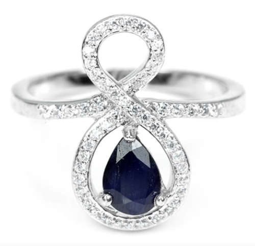Deluxe Natural Blue Sapphire & White Cubic Zirconia in Solid.925 Silver 14K W/Gold Ring Size 8/Q