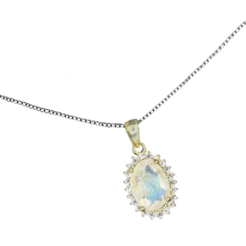 Natural Unheated Blue Schiller Moonstone, White Cubic Zirconia in Solid .925 Silver Stud Earrings