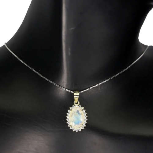 Natural Unheated Blue Schiller Moonstone, White Cubic Zirconia in Solid .925 Silver Stud Earrings