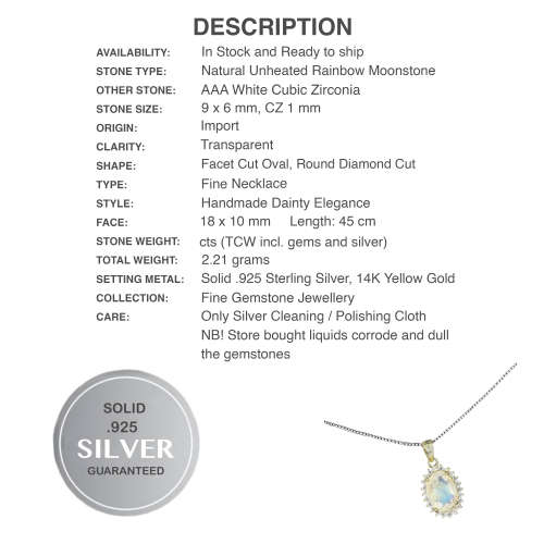 Natural Unheated Rainbow Moonstone, White Cubic Zirconia in Solid .925 Sterling Silver Necklace