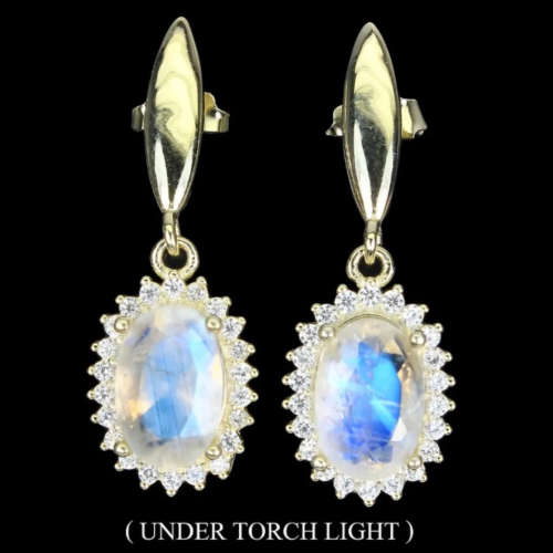 Natural Unheated Rainbow Moonstone, White Cubic Zirconia in Solid .925 Sterling Silver Necklace