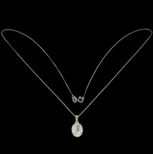 Natural Unheated Rainbow Moonstone, White Cubic Zirconia in Solid .925 Sterling Silver Necklace