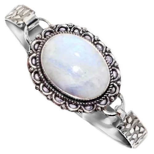 Natural Rainbow Moonstone Oval Gemstone set in .925 Sterling Silver Antique Style Bangle