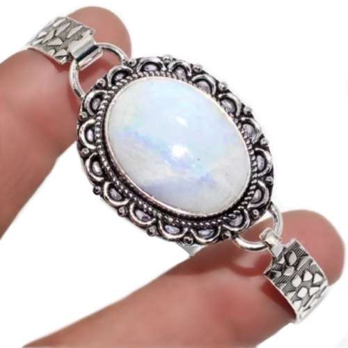 Natural Rainbow Moonstone Oval Gemstone set in .925 Sterling Silver Antique Style Bangle