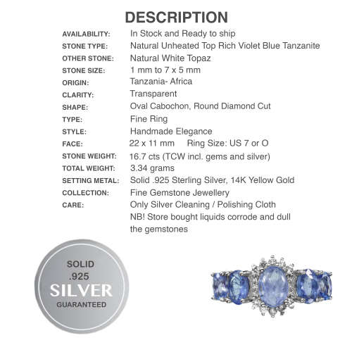 Natural Unheated Tanzanite and White Topaz in Solid .925 Sterling Silver Ring Size US 7 or O