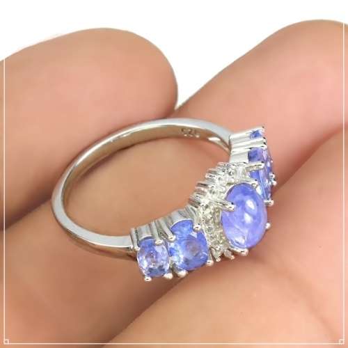 Natural Unheated Tanzanite and White Topaz in Solid .925 Sterling Silver Ring Size US 7 or O