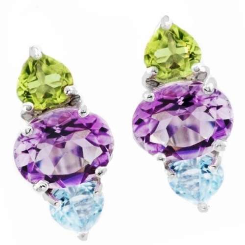 Authentic Earth Mined Purple Amethyst, Peridot, Sky Blue Topaz  .925 Sterling Silver Stud Earrings