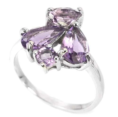 Natural Purple Amethyst Pear and Round Solid .925 Silver 14K White Gold Ring Size 8 or Q
