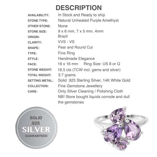 Natural Purple Amethyst Pear and Round Solid .925 Silver 14K White Gold Ring Size 8 or Q