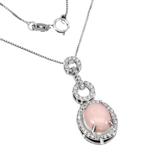 Natural Peruvian Pink Opal White CZ set in Solid .925 Sterling Silver, 14k White Gold Necklace