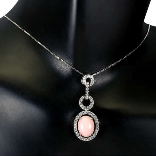 Natural Peruvian Pink Opal White CZ set in Solid .925 Sterling Silver, 14k White Gold Necklace