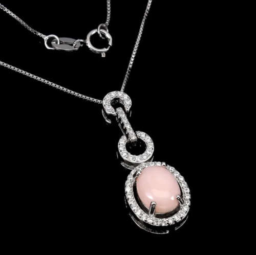 Natural Peruvian Pink Opal White CZ set in Solid .925 Sterling Silver, 14k White Gold Necklace