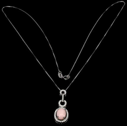 Natural Peruvian Pink Opal White CZ set in Solid .925 Sterling Silver, 14k White Gold Necklace