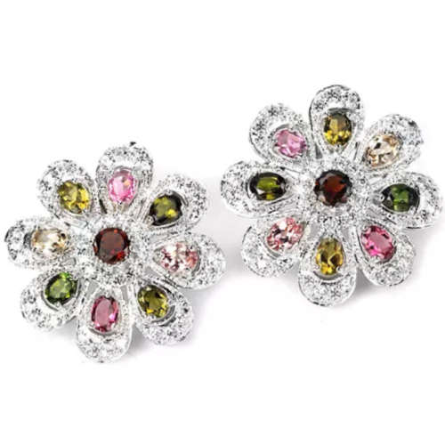 Deluxe Unheated Multi-Tourmaline, White Cubic Zirconia set in Solid. 925 Sterling Silver Earrings