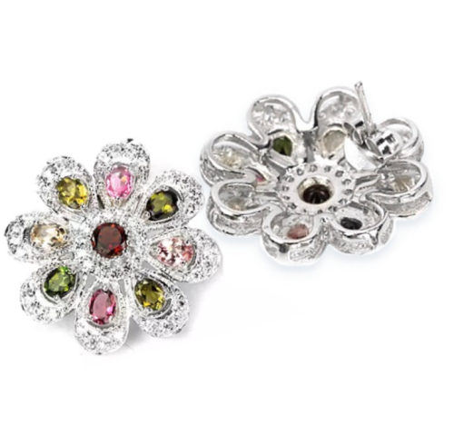 Deluxe Unheated Multi-Tourmaline, White Cubic Zirconia set in Solid. 925 Sterling Silver Earrings