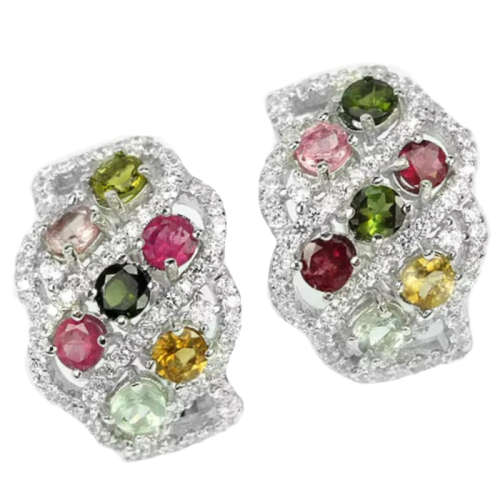 Deluxe Natural Unheated Multi-Tourmaline, White Cubic Zirconia Solid. 925 Sterling Silver Earrings